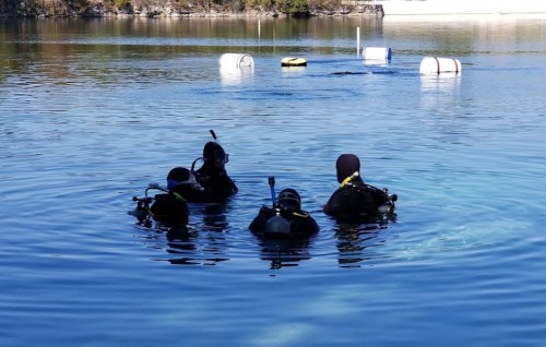 Four divers in wetsuits are entering a calm blue water area, with barrels floating in the background.