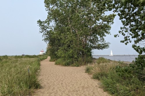A sandy path lined with trees leads to a lighthouse and a sailboat on the water in the distance.