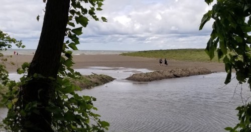 A serene beach scene with two people walking along the shore, framed by trees and a calm waterway.