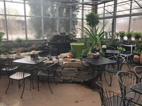 A cozy greenhouse with stone seating, tables, and various plants, featuring a small water feature in the background.