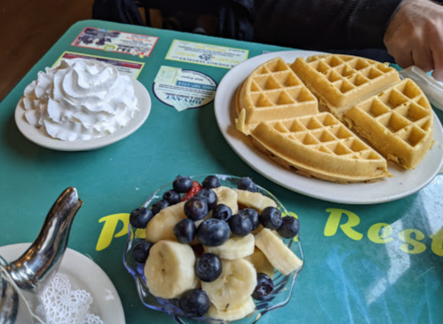 A plate of waffles with whipped cream and a bowl of mixed fruit, including blueberries and bananas, on a green table.