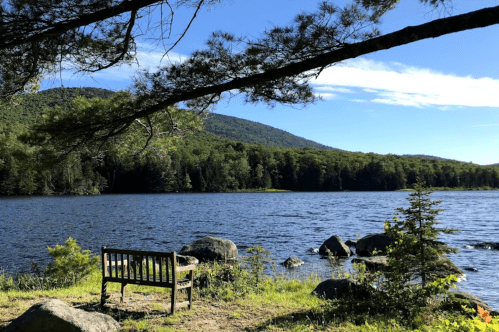 A serene lakeside scene featuring a wooden bench, surrounded by trees and mountains under a clear blue sky.