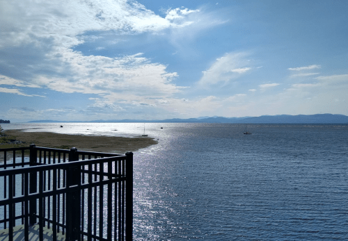 A serene view of a calm lake under a blue sky, with distant mountains and a wooden railing in the foreground.