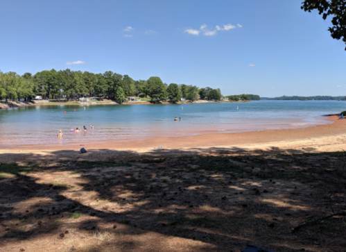 A sandy beach by a calm lake, with people swimming and trees lining the shore under a clear blue sky.