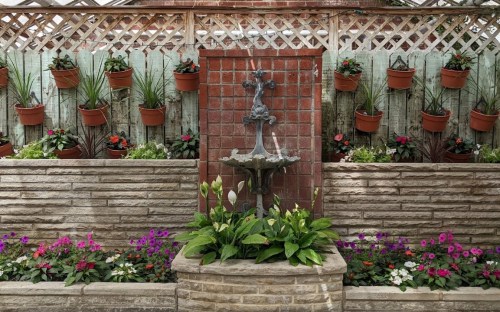 A decorative garden with a stone fountain surrounded by colorful flowers and potted plants against a lattice backdrop.