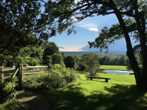 A scenic view of a lush green landscape with trees, a pond, and distant hills under a clear blue sky.
