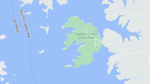 Map showing Sadlers Creek State Park in South Carolina, surrounded by water and nearby Georgia.