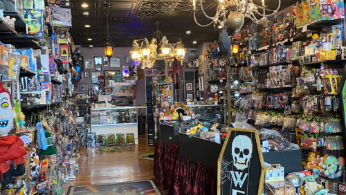 A colorful toy store filled with shelves of action figures, plush toys, and collectibles, featuring a vintage decor.