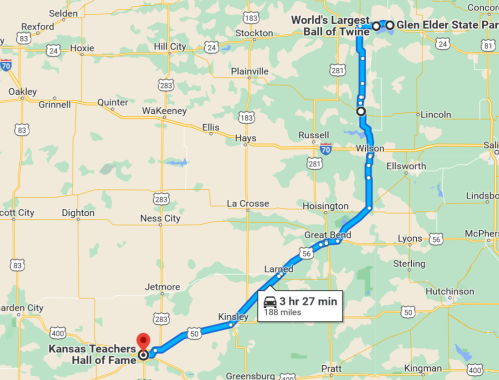 Map showing a route from Kansas Teachers Hall of Fame to the World's Largest Ball of Twine, passing Glen Elder State Park.