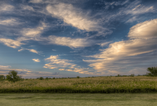 A serene landscape featuring a grassy field under a vibrant sky with wispy clouds at sunset.