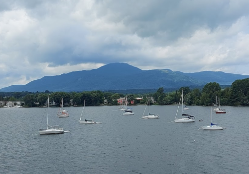 A serene lake scene with multiple sailboats anchored, surrounded by lush greenery and mountains under a cloudy sky.