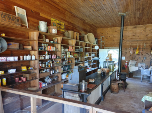 Interior of a rustic store with wooden shelves filled with jars and cans, a counter, and vintage decor.