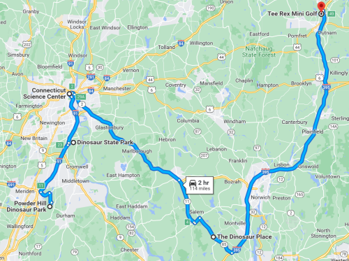 Map showing routes to Tee Rex Mini Golf, Dinosaur State Park, and Powder Hill Dinosaur Park in Connecticut.