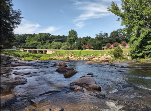 A serene river scene with rocks, greenery, and a bridge in the background under a clear blue sky.