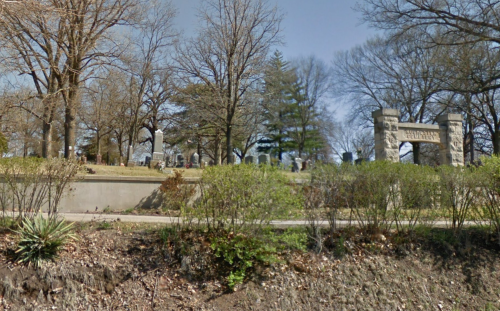 A cemetery with gravestones, surrounded by trees and shrubs, under a clear blue sky.