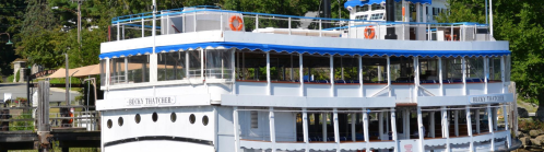 A white and blue riverboat docked near a lush green shoreline on a sunny day.