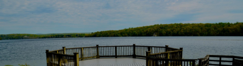A wooden deck overlooking a calm lake surrounded by lush green trees under a cloudy sky.