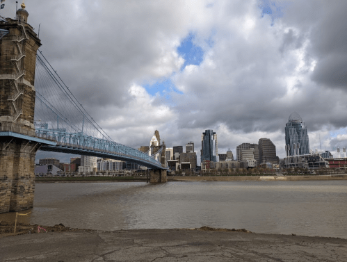 View of Cincinnati skyline with a blue bridge over the river, under a cloudy sky.