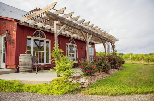 A red barn-style building with a wooden pergola, surrounded by greenery and flowers, near a vineyard.