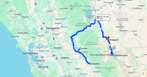 Map showing a route from San Francisco to Bridgeport, passing through Stanislaus National Forest and nearby locations.