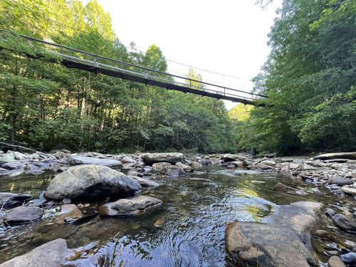 A serene river scene with smooth rocks and a wooden bridge above, surrounded by lush green trees.