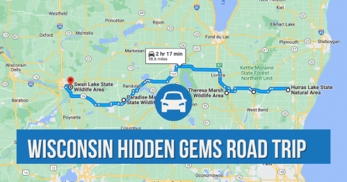 Map highlighting a road trip route through Wisconsin's hidden gems, including various state wildlife areas.
