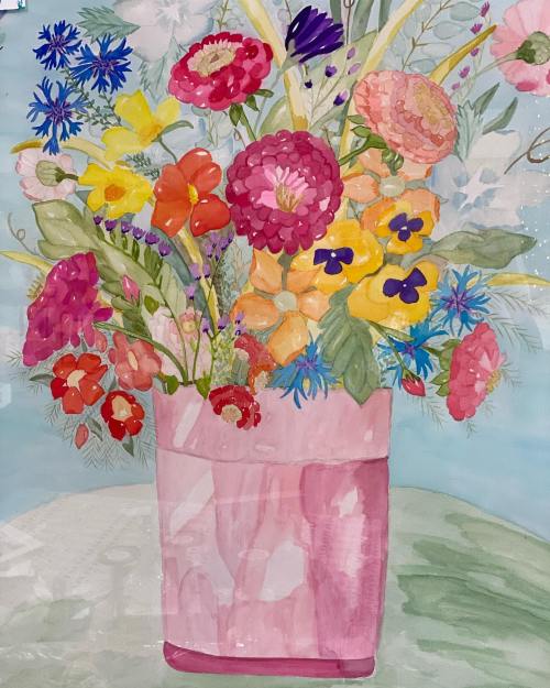 A vibrant watercolor bouquet featuring various colorful flowers in a pink vase against a soft blue background.
