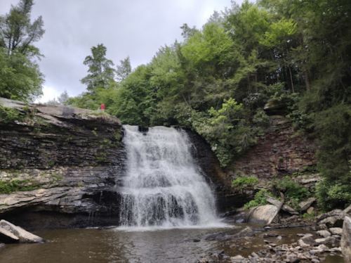 A serene waterfall cascades over rocky cliffs, surrounded by lush green trees and a cloudy sky.