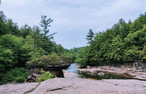 A serene river flows through lush green trees and rocky formations under a cloudy sky.