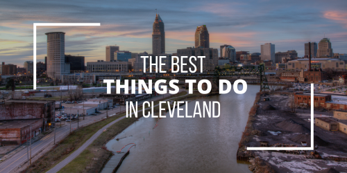 A scenic view of Cleveland's skyline at sunset with text overlay: "The Best Things to Do in Cleveland."