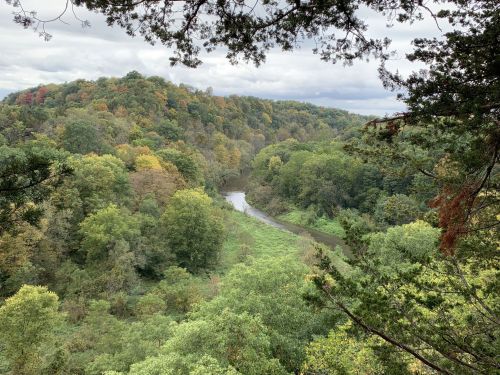 A scenic view of a winding river surrounded by lush green trees and autumn foliage on rolling hills.