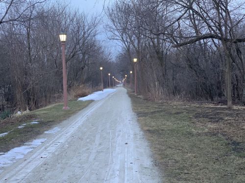 A gravel path lined with lamp posts, surrounded by trees, in a quiet, early evening setting. Snow patches visible.