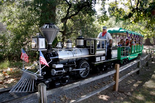 A miniature steam train with passengers rides along a track, surrounded by trees and greenery.