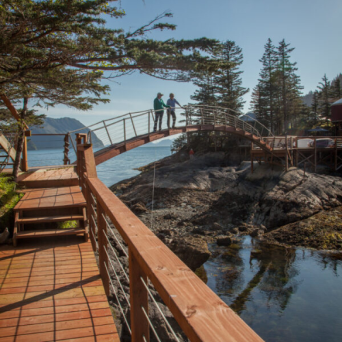 Two people stand on a wooden bridge overlooking a serene coastal landscape with trees and rocky shores.