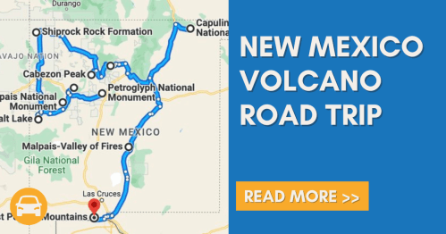 Map highlighting a road trip route through New Mexico's volcano sites, including Shiprock and Malpais Valley of Fires.