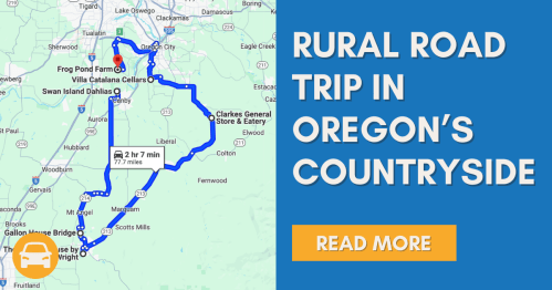 Map of a rural road trip route in Oregon's countryside, highlighting stops like Frog Pond Farms and Villa Catalana Cellars.