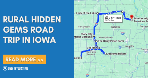 Map highlighting a rural road trip route in Iowa, featuring stops like Lady of the Lake and Schera's Algona American Grill.
