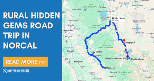 Map highlighting a road trip route through rural Northern California, featuring stops like Bridgeport and Mariposa.