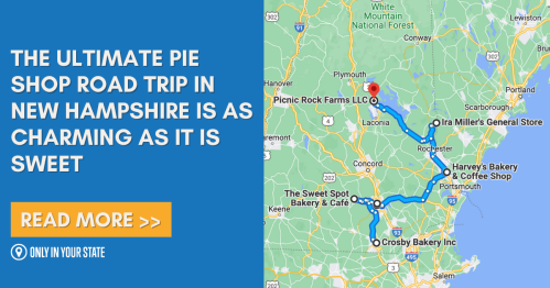 Map highlighting a pie shop road trip in New Hampshire, with locations marked and a call to action to read more.