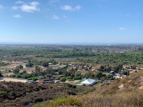 A panoramic view of a lush landscape with greenery, buildings, and a distant city skyline under a clear blue sky.