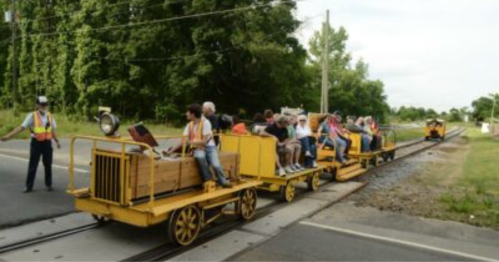 A group of people rides on yellow rail cars along a track, with a conductor guiding them on a sunny day.