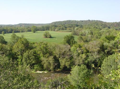 A serene landscape featuring a river, lush green trees, and rolling hills under a clear blue sky.