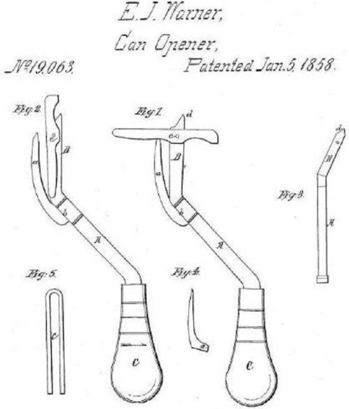 Patent drawing for E.J. Warner's can opener, featuring detailed illustrations and specifications from January 5, 1858.