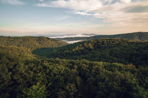 A panoramic view of lush green hills under a cloudy sky, with mist rising over a valley in the distance.