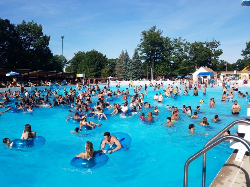 A crowded outdoor pool filled with people enjoying the water on a sunny day, surrounded by trees and umbrellas.