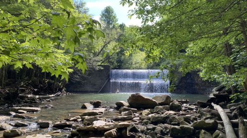 A serene waterfall cascades over rocks, surrounded by lush green trees and a calm river.