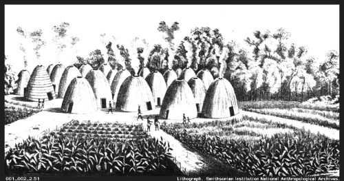 A historical lithograph depicting conical huts surrounded by fields and trees, with people engaged in various activities.