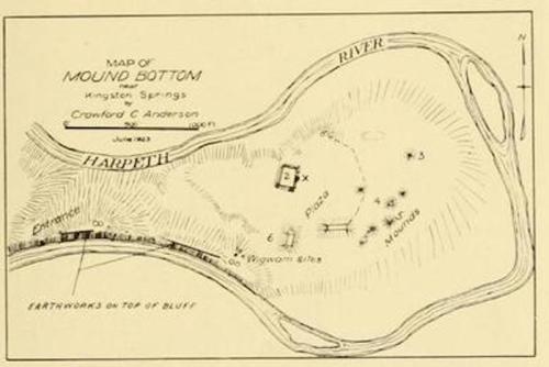 Map of Mound Bottom near Kingston Springs, showing the Harpeth River and various site features and earthworks.