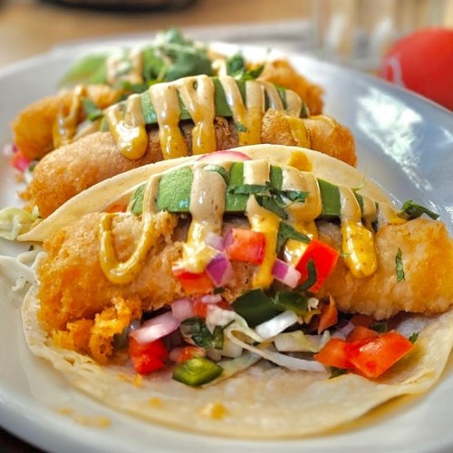 Three crispy fish tacos topped with jalapeños, diced tomatoes, and a drizzle of sauce on a plate.