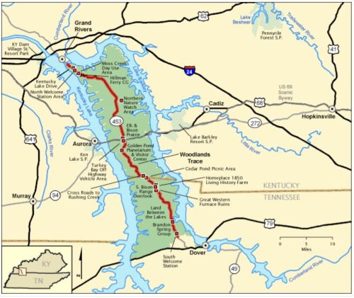 Map of Kentucky and Tennessee showing waterways, highways, and notable locations around Kentucky Lake and Land Between the Lakes.